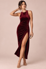 Burgundy Ruched High-Neck Slit Maxi Dress