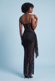 Robe longue en mesh à imprimé léopard, décolleté en V et fente haute devant — Noir | Vue de dos | Lounelle Paris