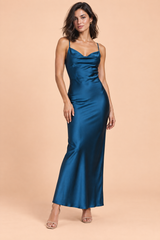 Navy Satin Maxi Dress with Cowl Neck and Spaghetti Straps
