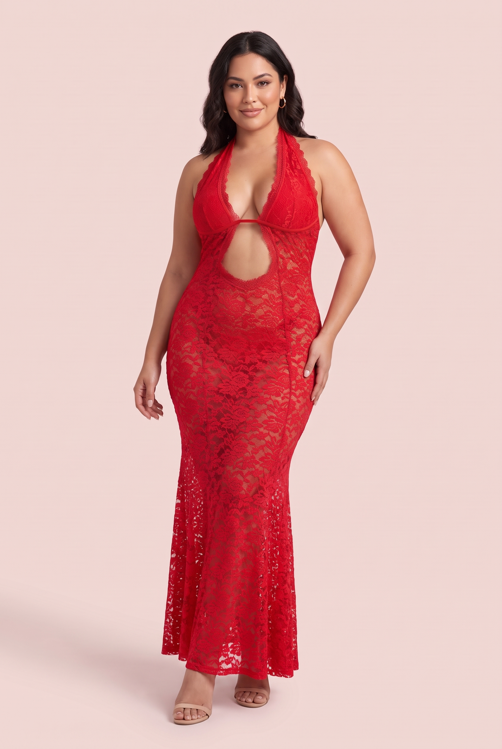Robe rouge dos nu à encolure américaine | Porté sur une silhouette plus ronde | Lounelle Paris