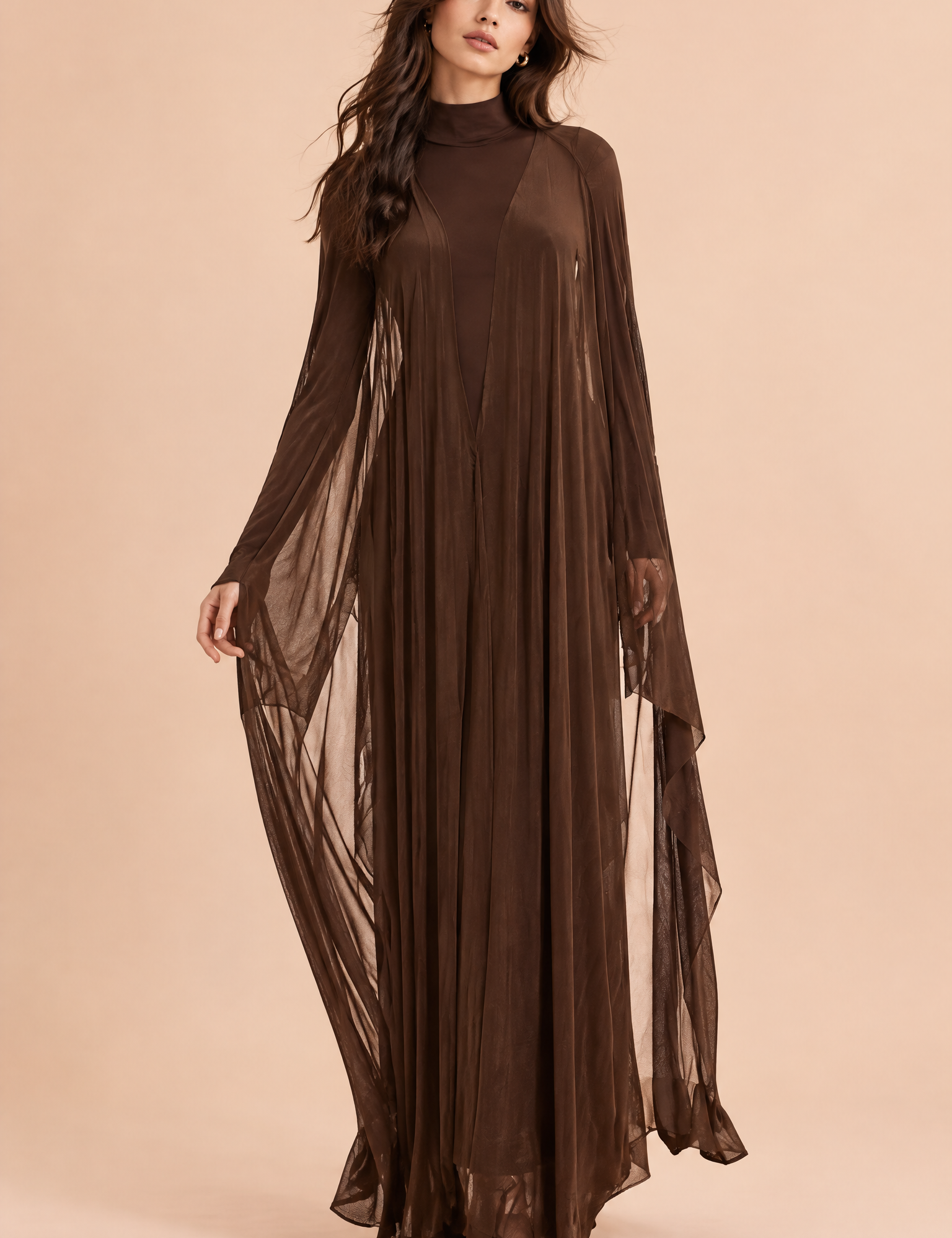 Robe marron dos nu avec cape | Vue de face | Lounelle Paris