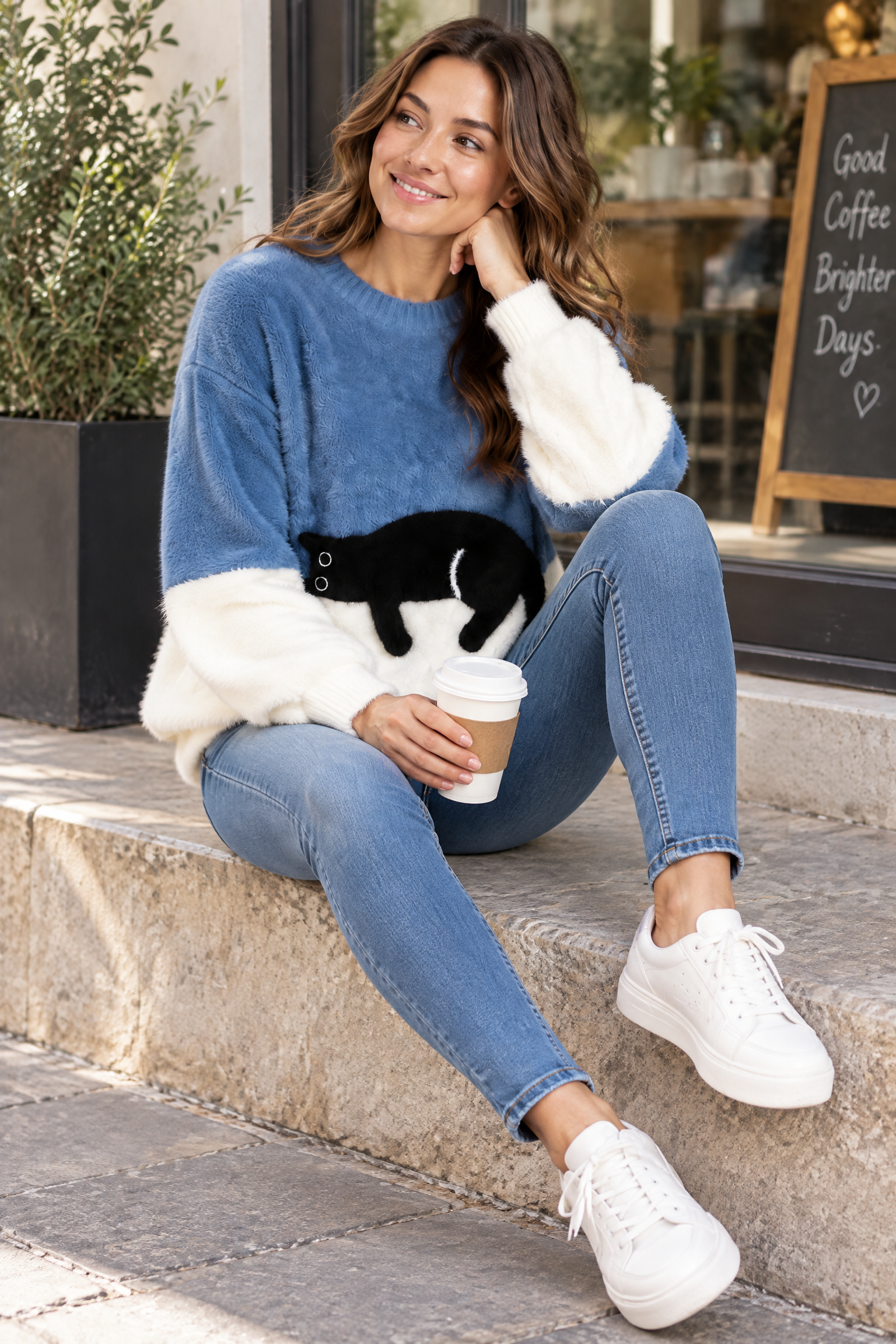 Pull oversize bleu à motif chat | Photo lifestyle | Lounelle Paris