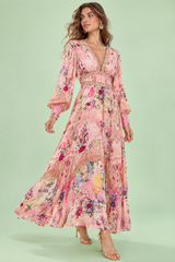 Pink V-Neck Puff-Sleeve Maxi Dress