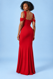 Robe longue rouge drapée portefeuille à encolure carrée | Vue de dos | Lounelle Paris