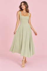 Green Strappy Volume-Hem Midi Dress