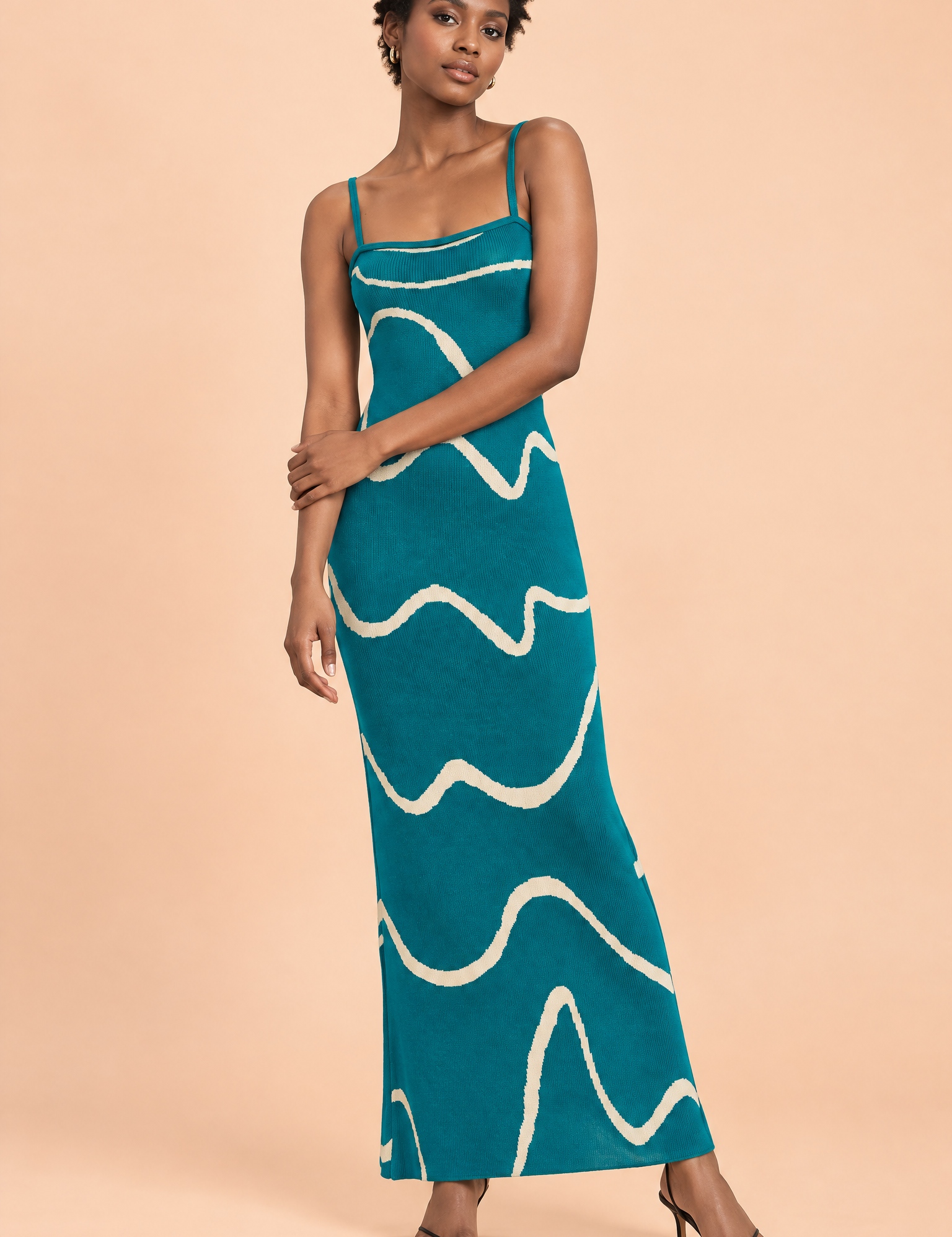 Robe longue rayée dos nu bleu canard | Vue de face | Lounelle Paris