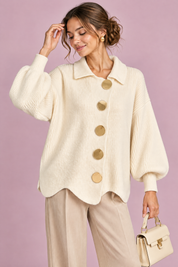 Cardigan oversize crème à col | Vue rapprochée | Lounelle Paris