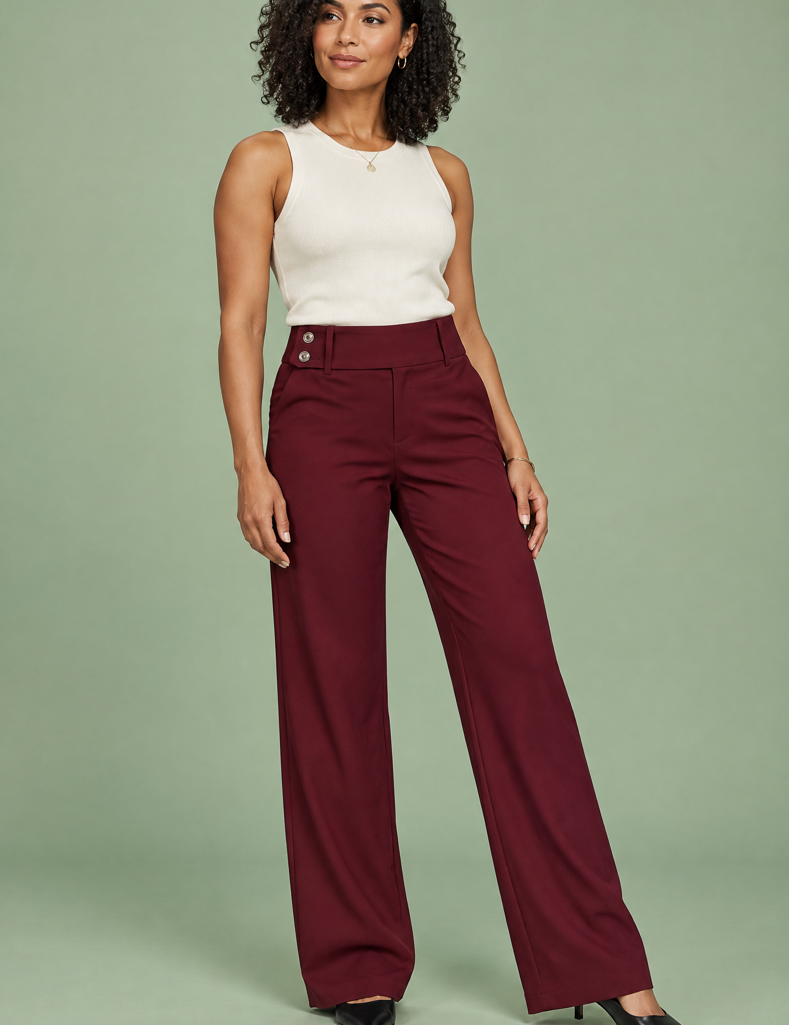 Pantalon bordeaux large à taille basse | Vue de face | Lounelle Paris