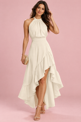 Cream Asymmetric Ruffle Halter Dress