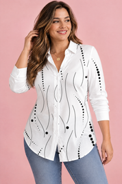 Chemise blanche boutonnée à imprimé géométrique | Porté sur une autre silhouette | Lounelle Paris