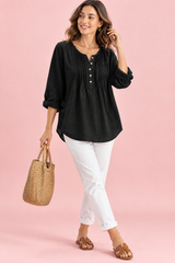 Black Cotton Scoop-Neck Pleated Blouse