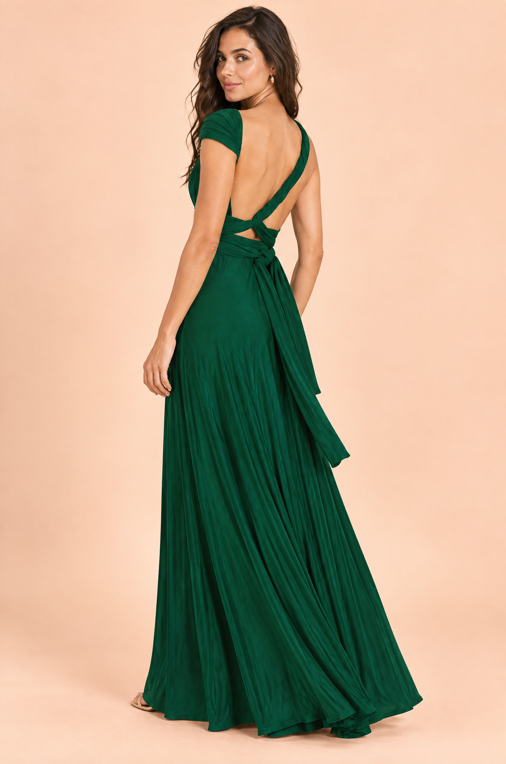 Robe longue portefeuille verte à col américain avec détail doré | Vue de dos | Lounelle Paris