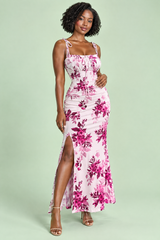 Pink Floral Maxi Dress with Square Neck and Side Slit