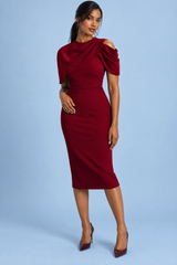 Berry Fitted Midi Dress with Draped Cape — Dark Red