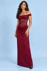 Burgundy Ruched Lace Maxi Dress
