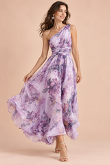 Light Purple Floral One-Shoulder Dress