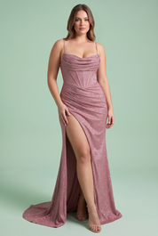 Robe longue rose scintillante à fente | Porté sur une autre silhouette | Lounelle Paris