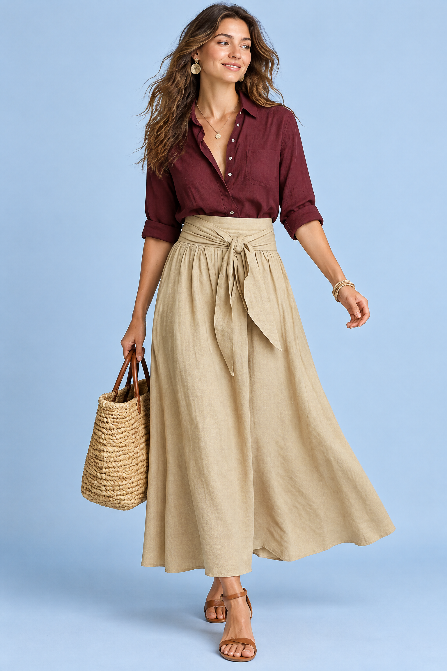 Ensemble chemise et jupe longue beige à taille nouée | Vue de face | Lounelle Paris