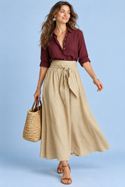 Ensemble chemise et jupe longue beige à taille nouée | Vue de face | Lounelle Paris