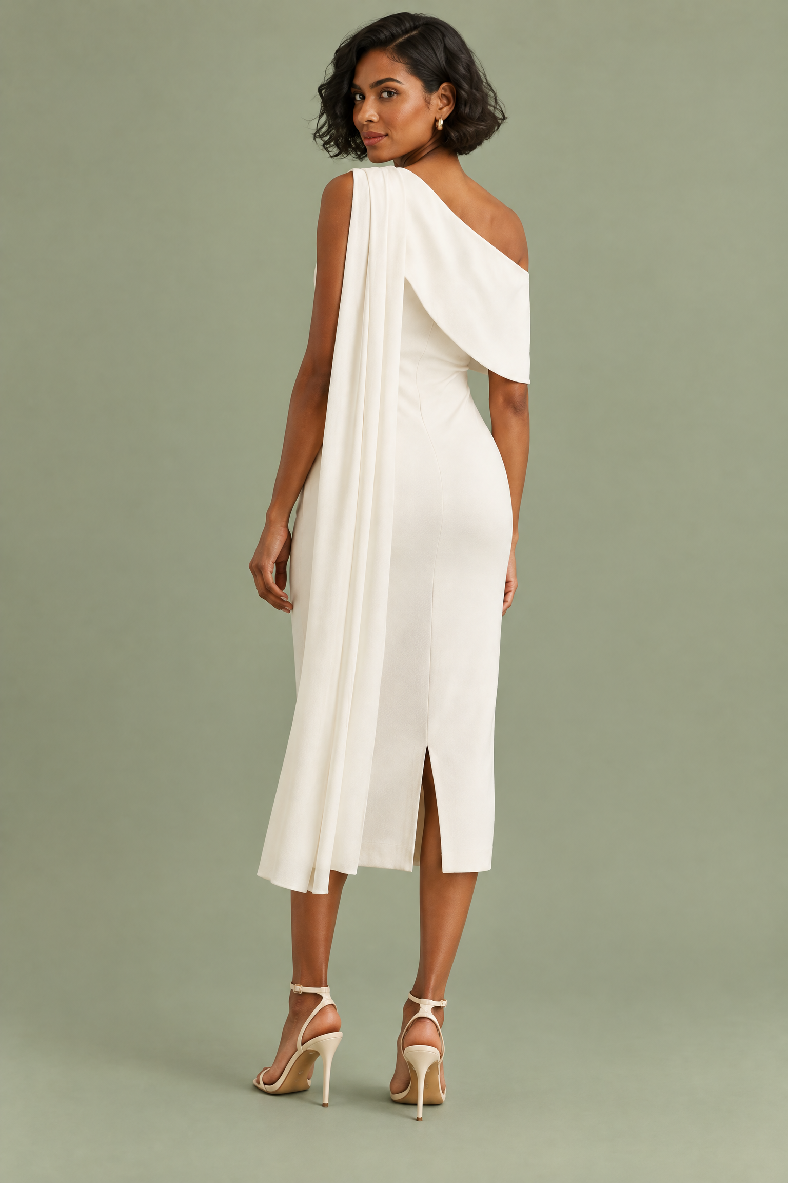 Robe midi blanche à encolure asymétrique avec ceinture | Vue de dos | Lounelle Paris