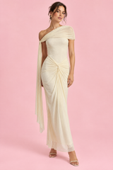 Off White One-Shoulder Ruched Maxi Dress
