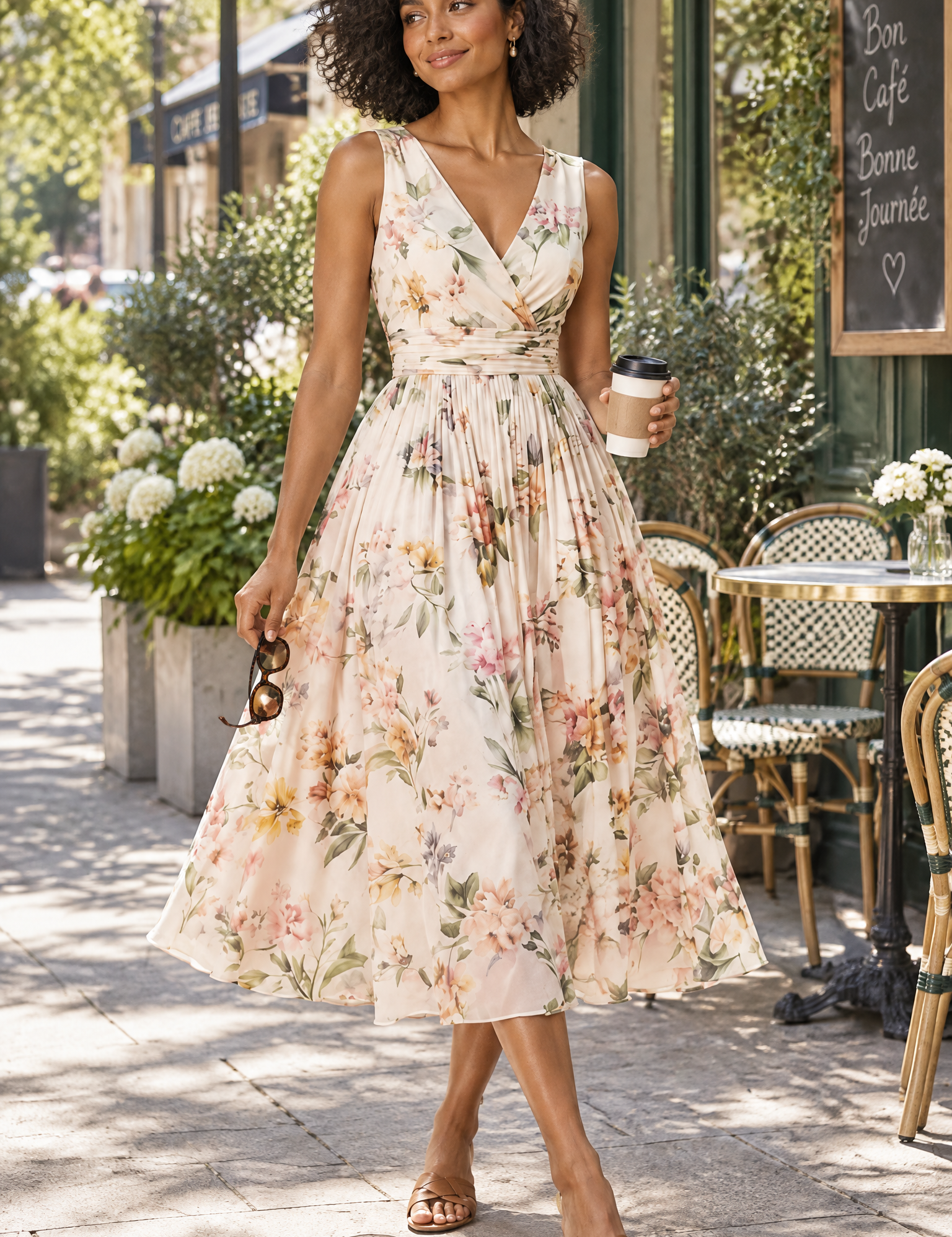 Robe midi verte à imprimé de bouquets floraux, col carré et coupe trapèze | Photo lifestyle | Lounelle Paris