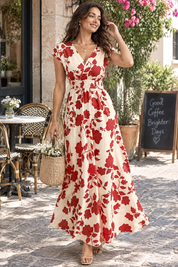 Robe longue écrue à fleurs et taille smockée | Photo lifestyle | Lounelle Paris