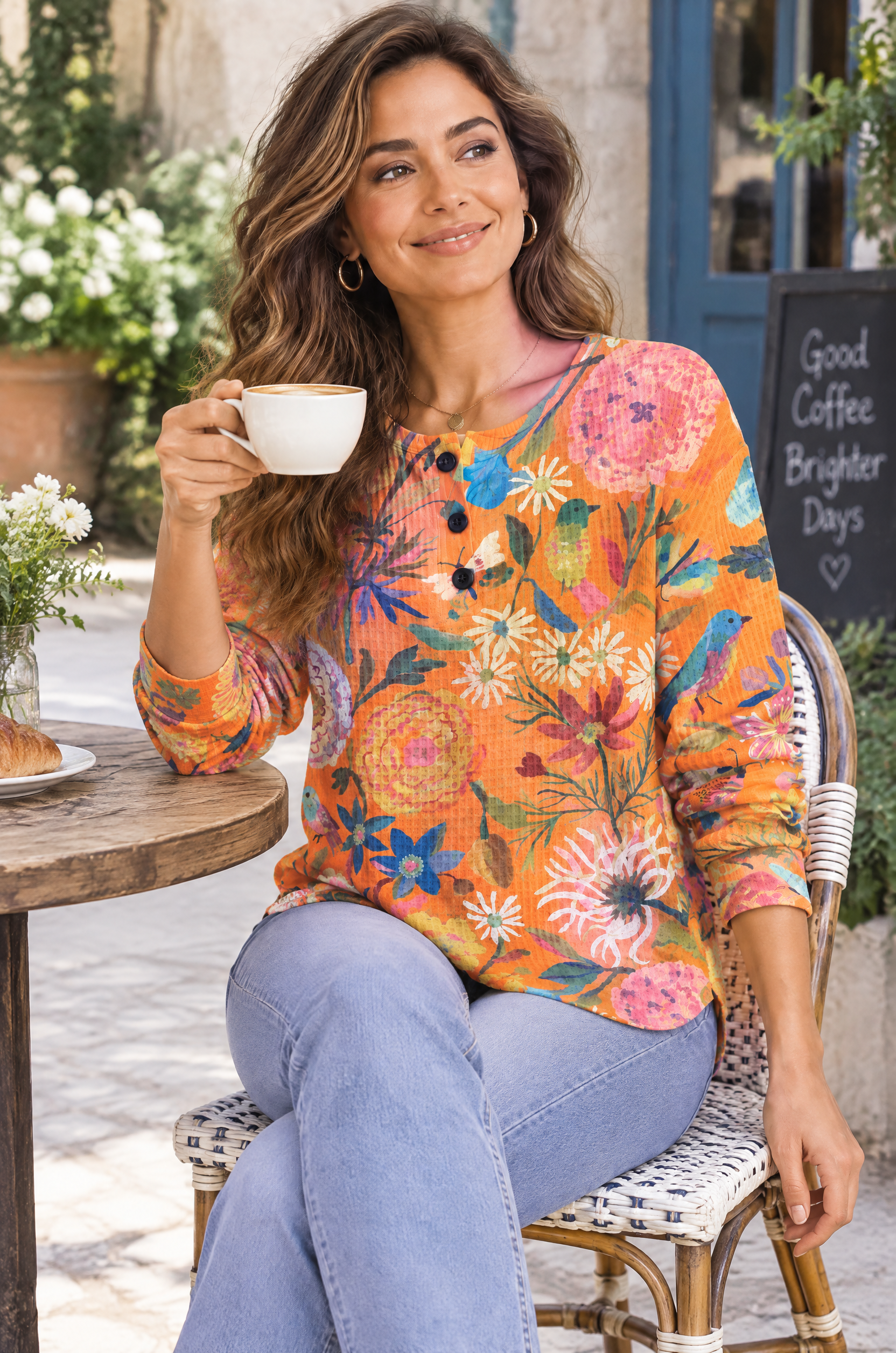 Haut imprimé en maille gaufrée orange | Photo lifestyle | Lounelle Paris