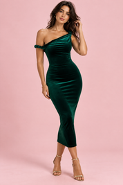 Robe longue en velours vert foncé à épaule torsadée et coupe asymétrique | Vue de face | Lounelle Paris