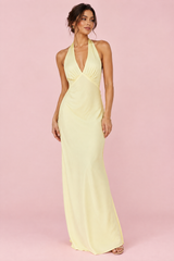 Pale Yellow Halter Ruched Dress