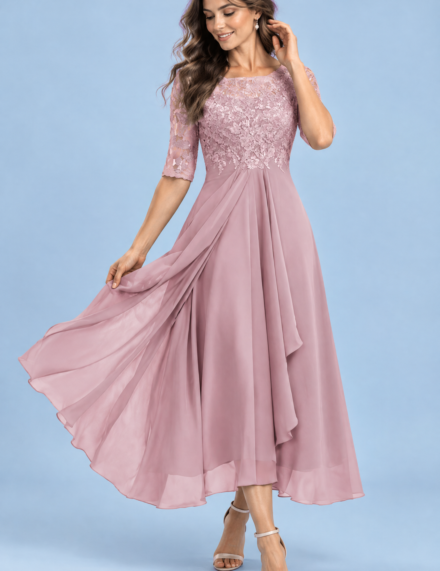 Robe en mousseline à corsage brodé rose poudré | Vue de face | Lounelle Paris