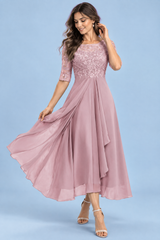 Embroidered Bodice Chiffon Dress Dusty Pink