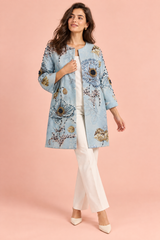 Light Blue Embellished Floral Midi Coat