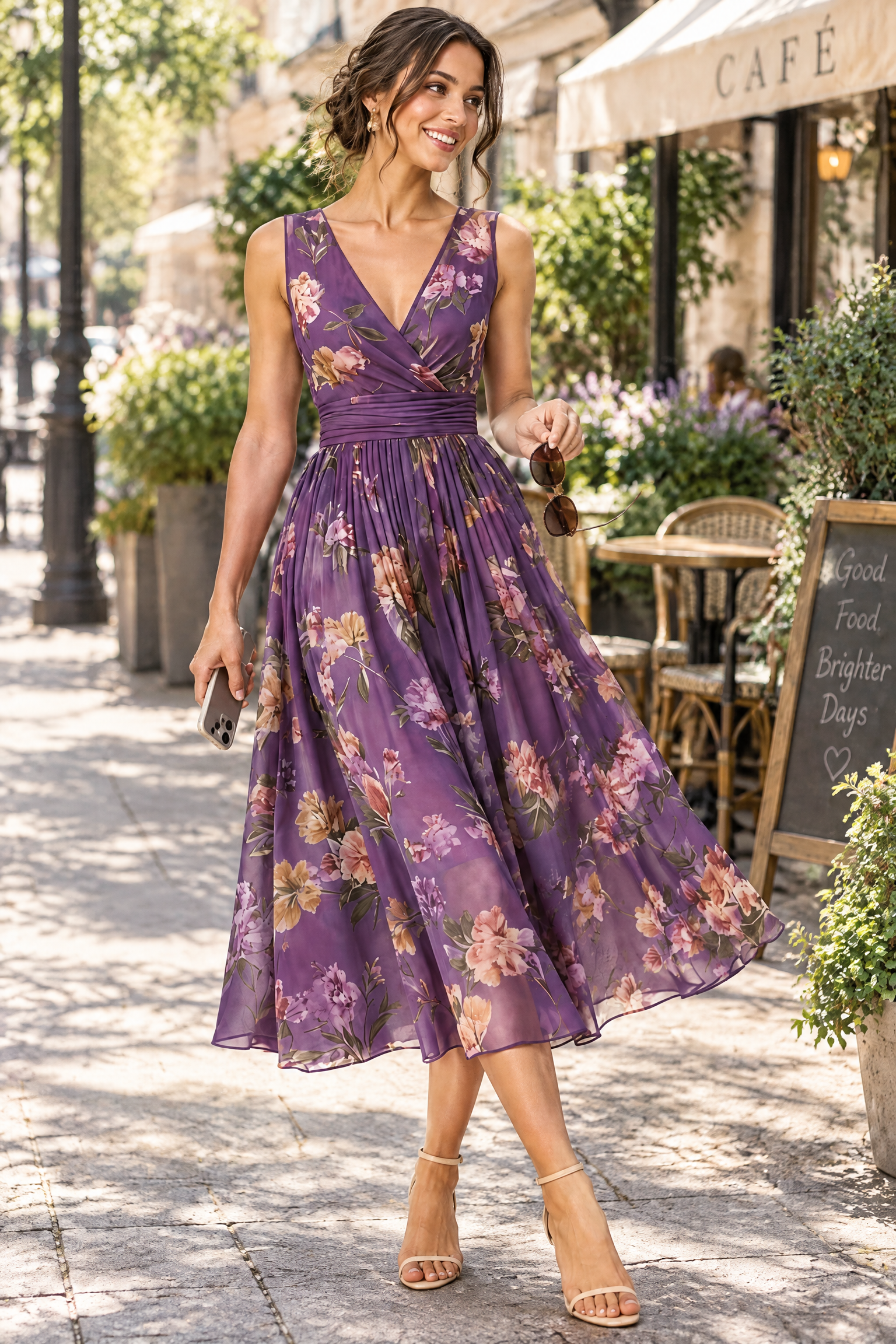 Robe midi violette à imprimé de bouquets floraux, col carré et coupe trapèze | Photo lifestyle | Lounelle Paris