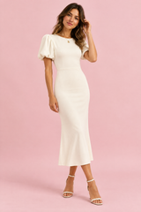 Off White Puff-Sleeve Midi Dress