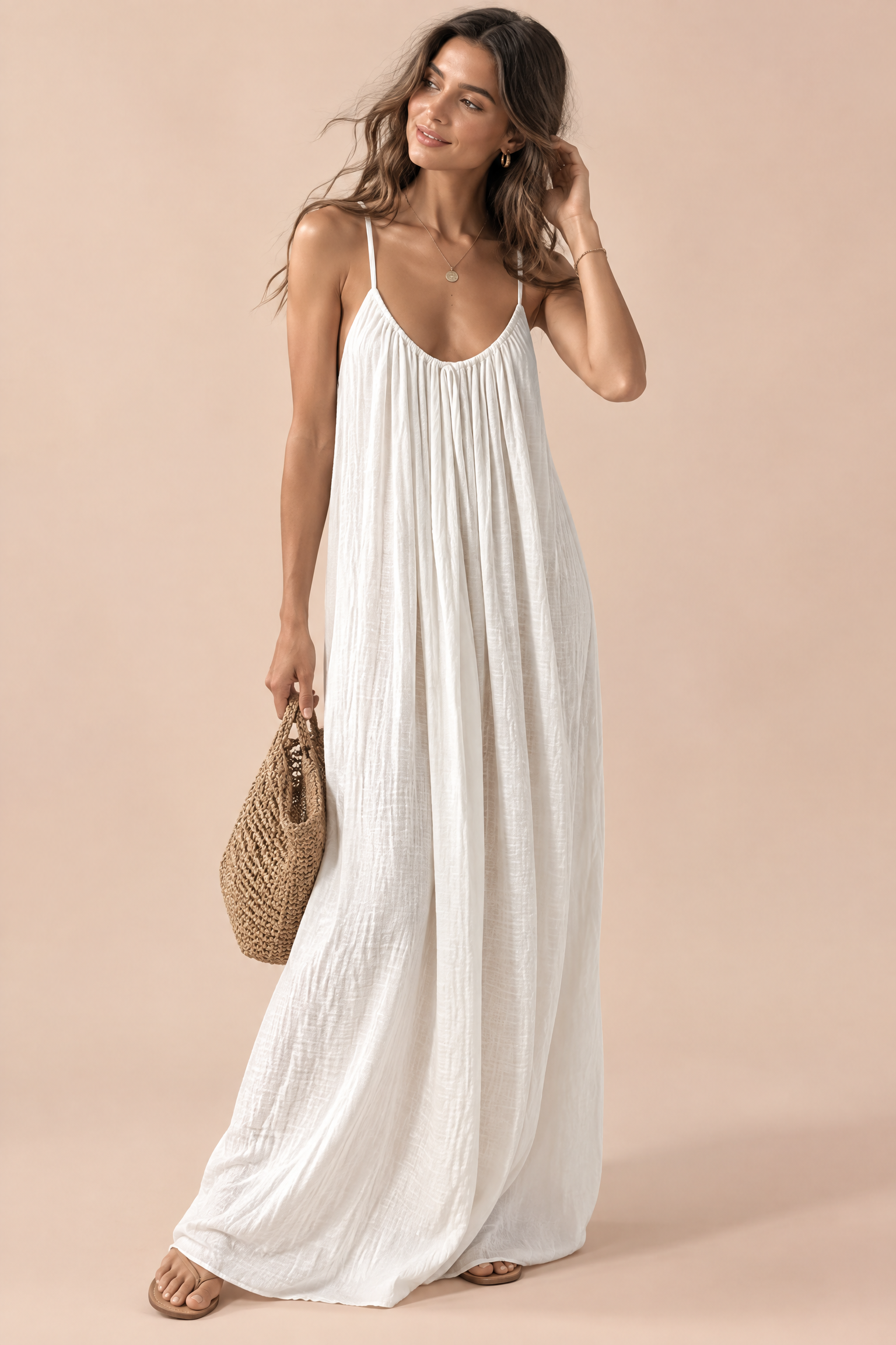 Robe longue fluide dos nu blanc cassé | Vue de face | Lounelle Paris
