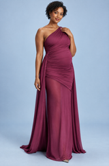 Powder Red Asymmetric-Neck Maternity Maxi Dress With Knot-Sleeve And Sash