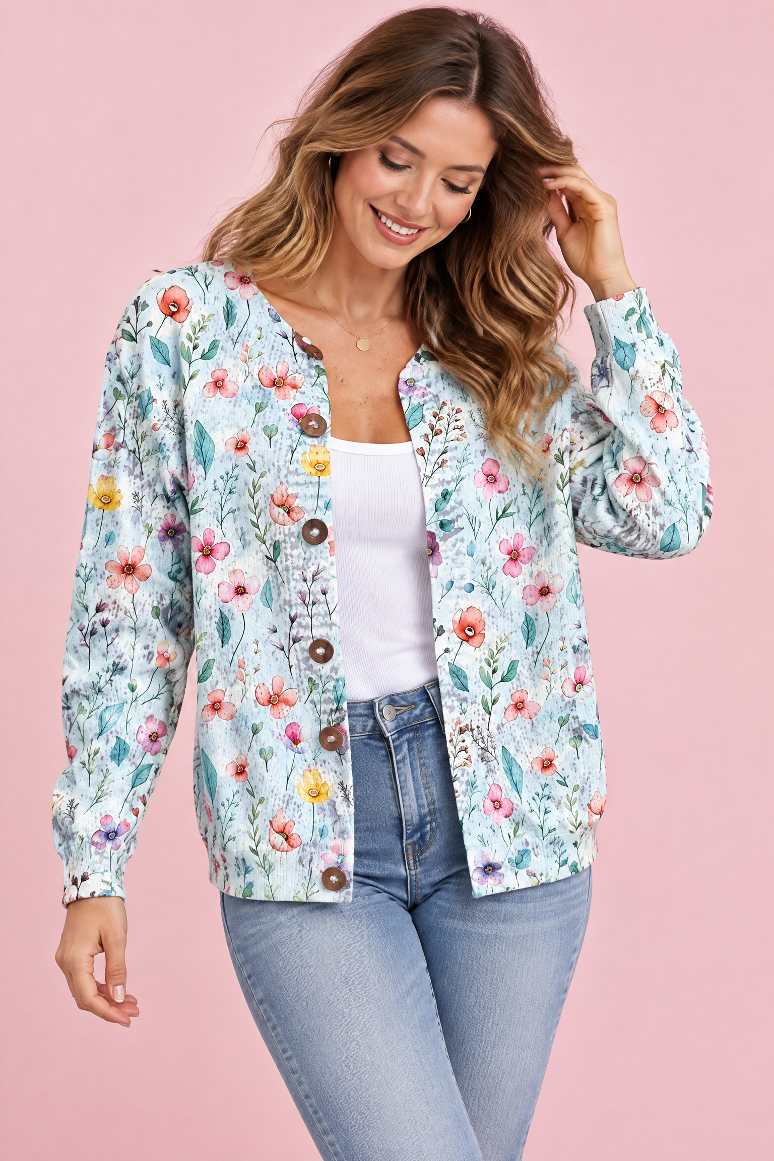 Cardigan bleu clair boutonné à col rond | Vue de face | Lounelle Paris
