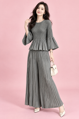 Pleated Grey Wide-Leg Trouser Set