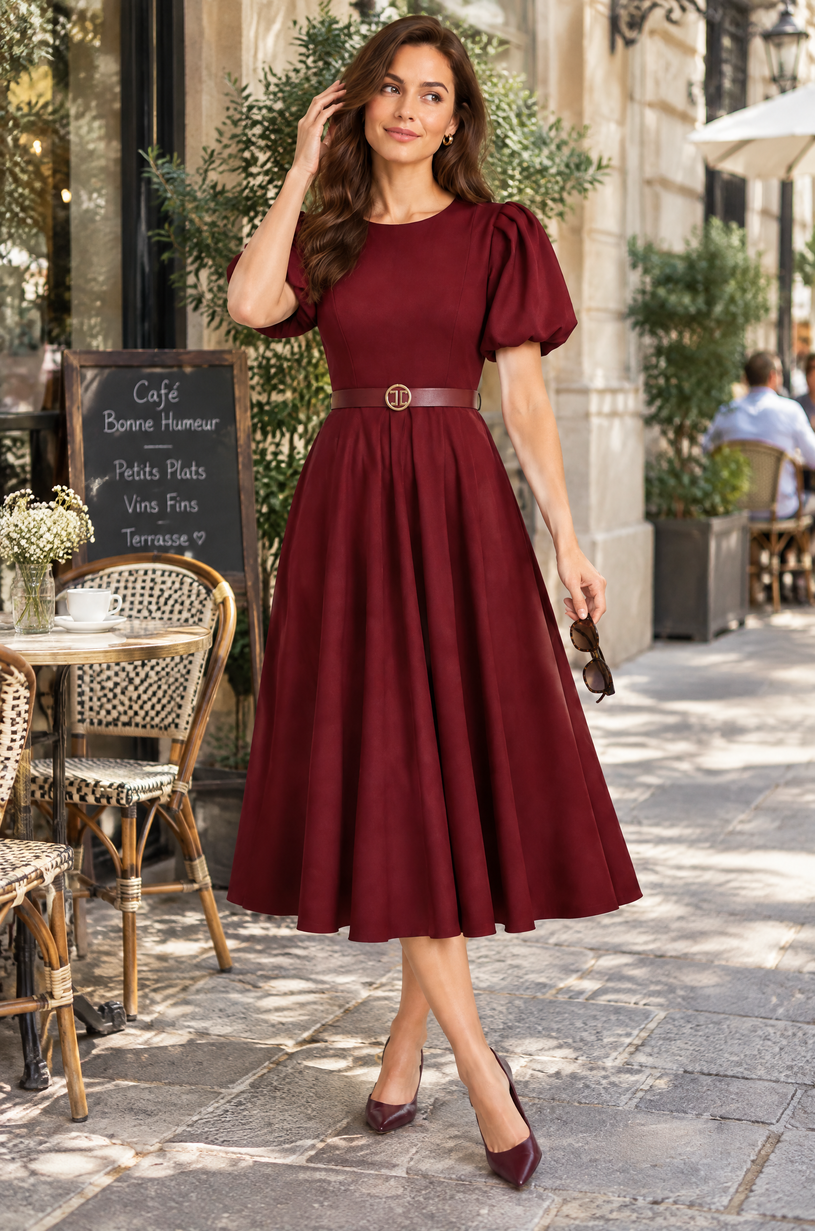 Robe midi bordeaux à col montant et manches bouffantes | Photo lifestyle | Lounelle Paris