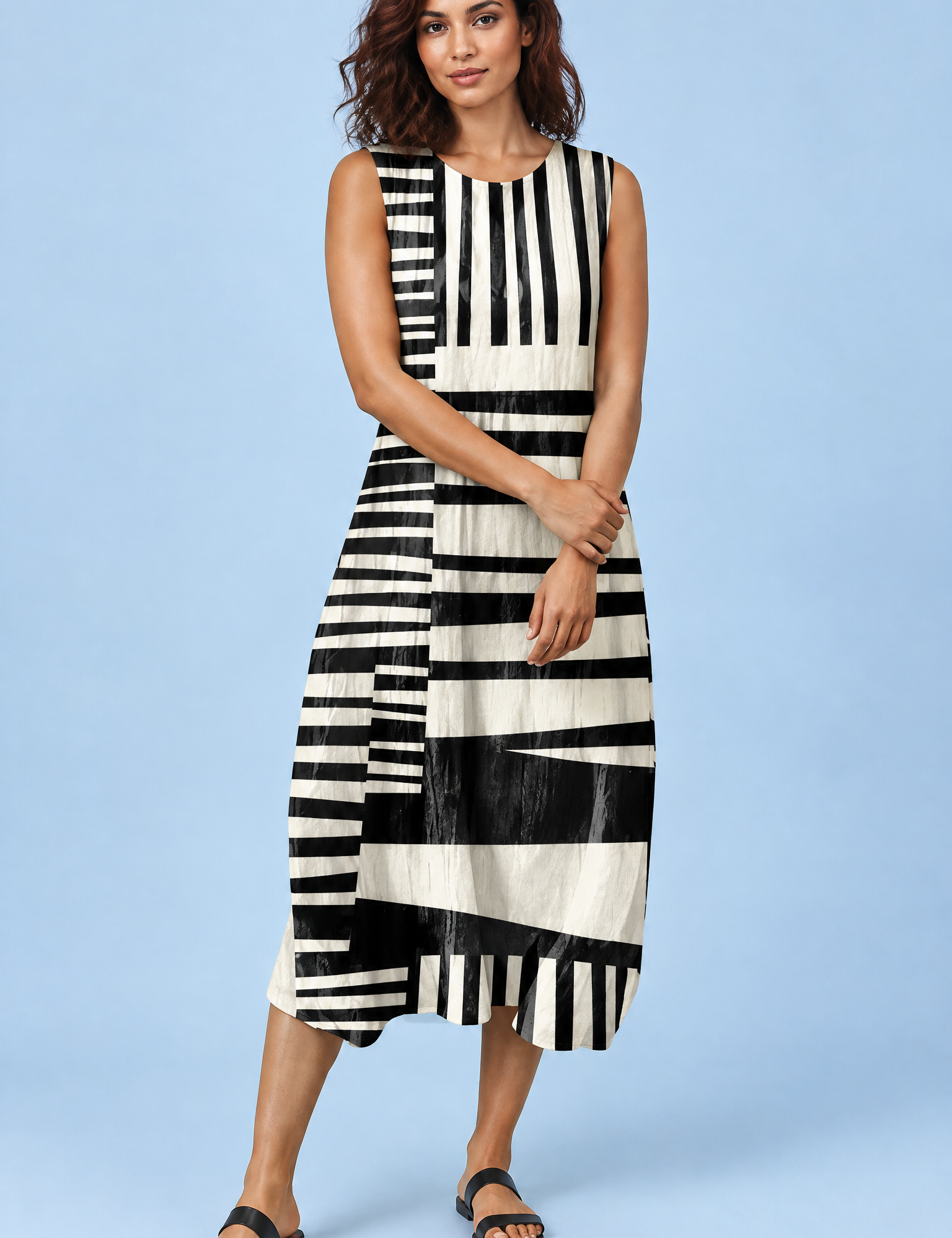 Robe midi noire rayée sans manches | Vue de face | Lounelle Paris