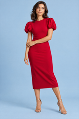 Red Puff-Sleeve Midi Dress