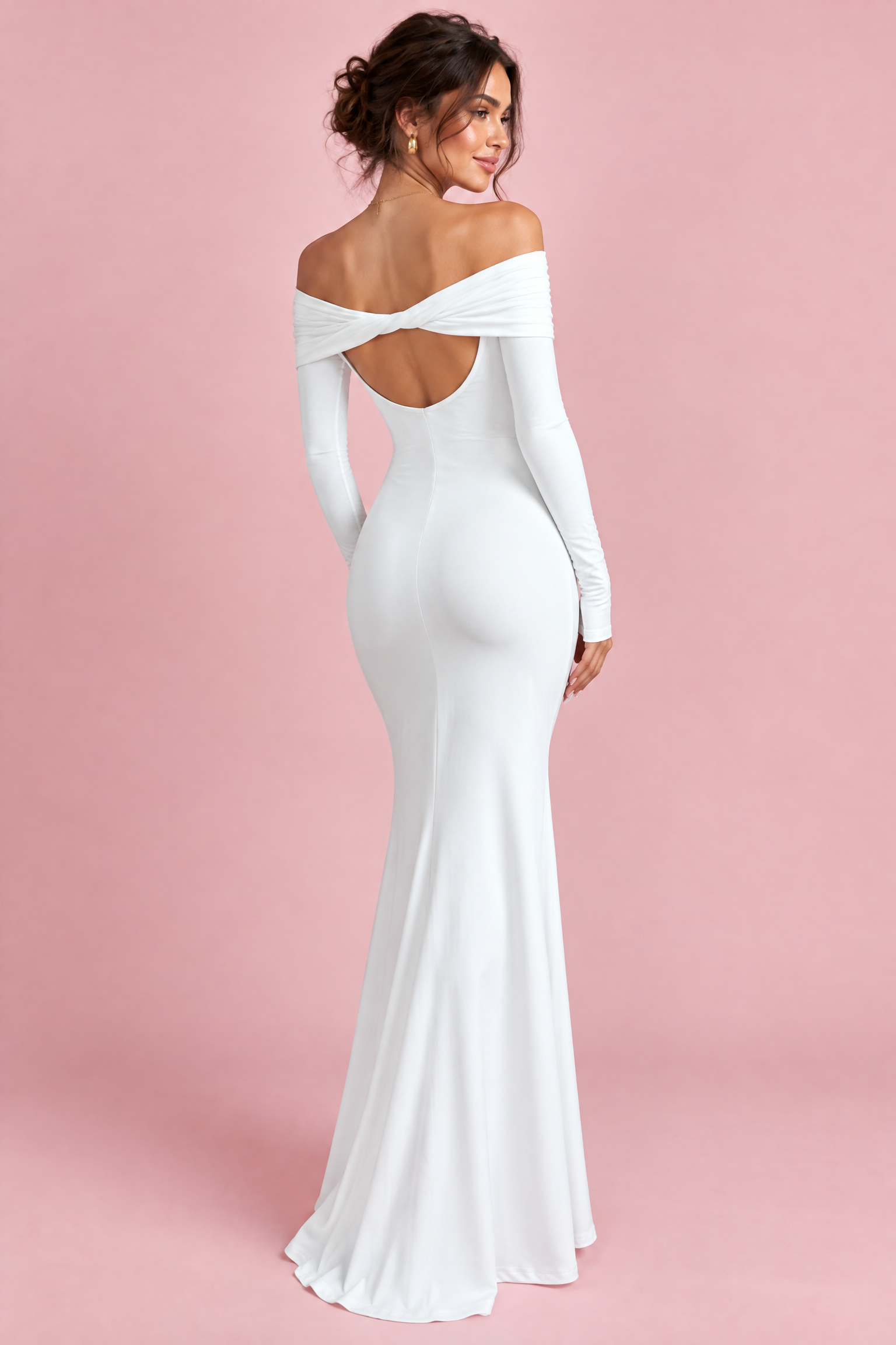Robe longue blanche asymétrique à fronces et drapé | Vue de dos | Lounelle Paris