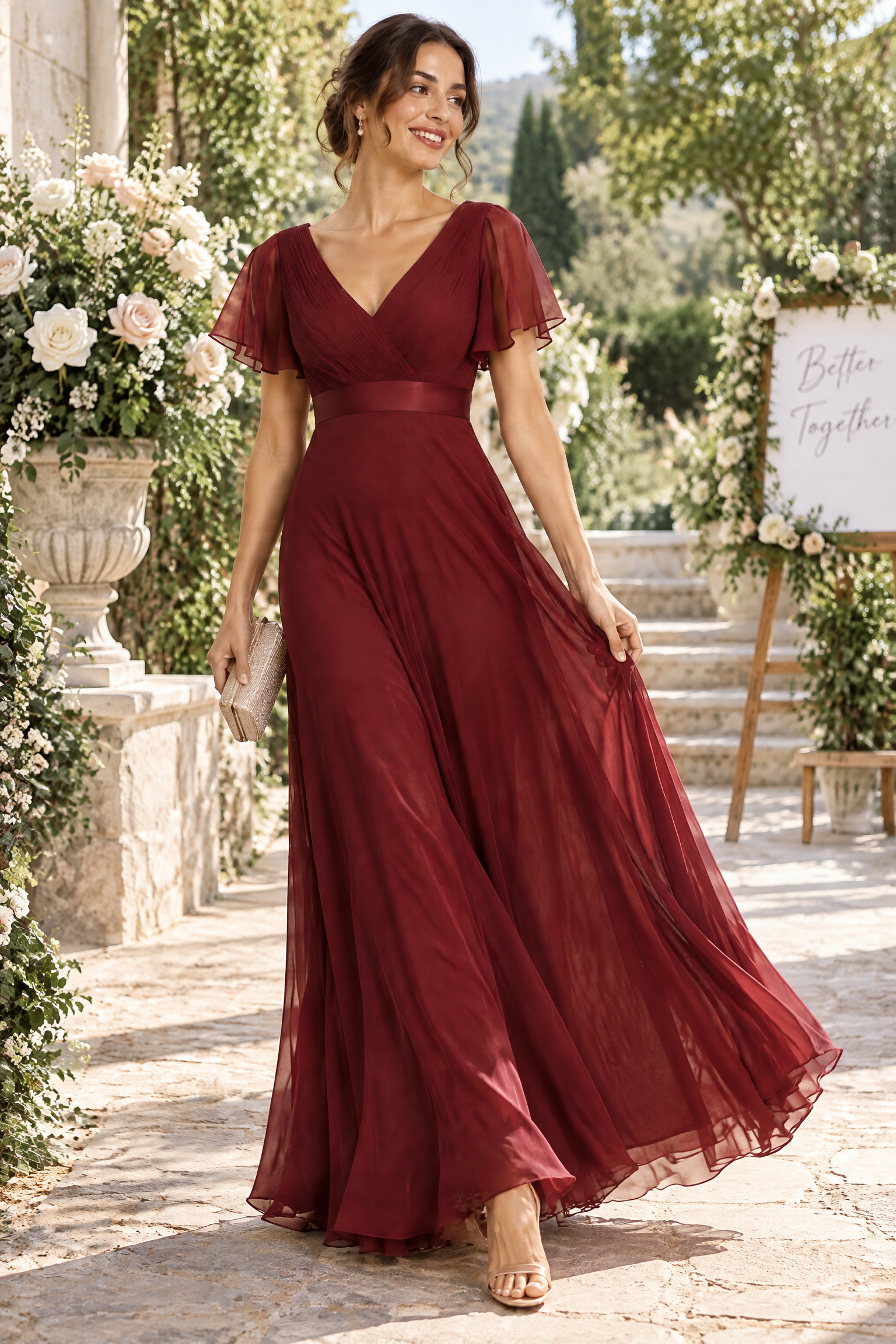 Robe longue plissée bordeaux à col V | Photo lifestyle | Lounelle Paris