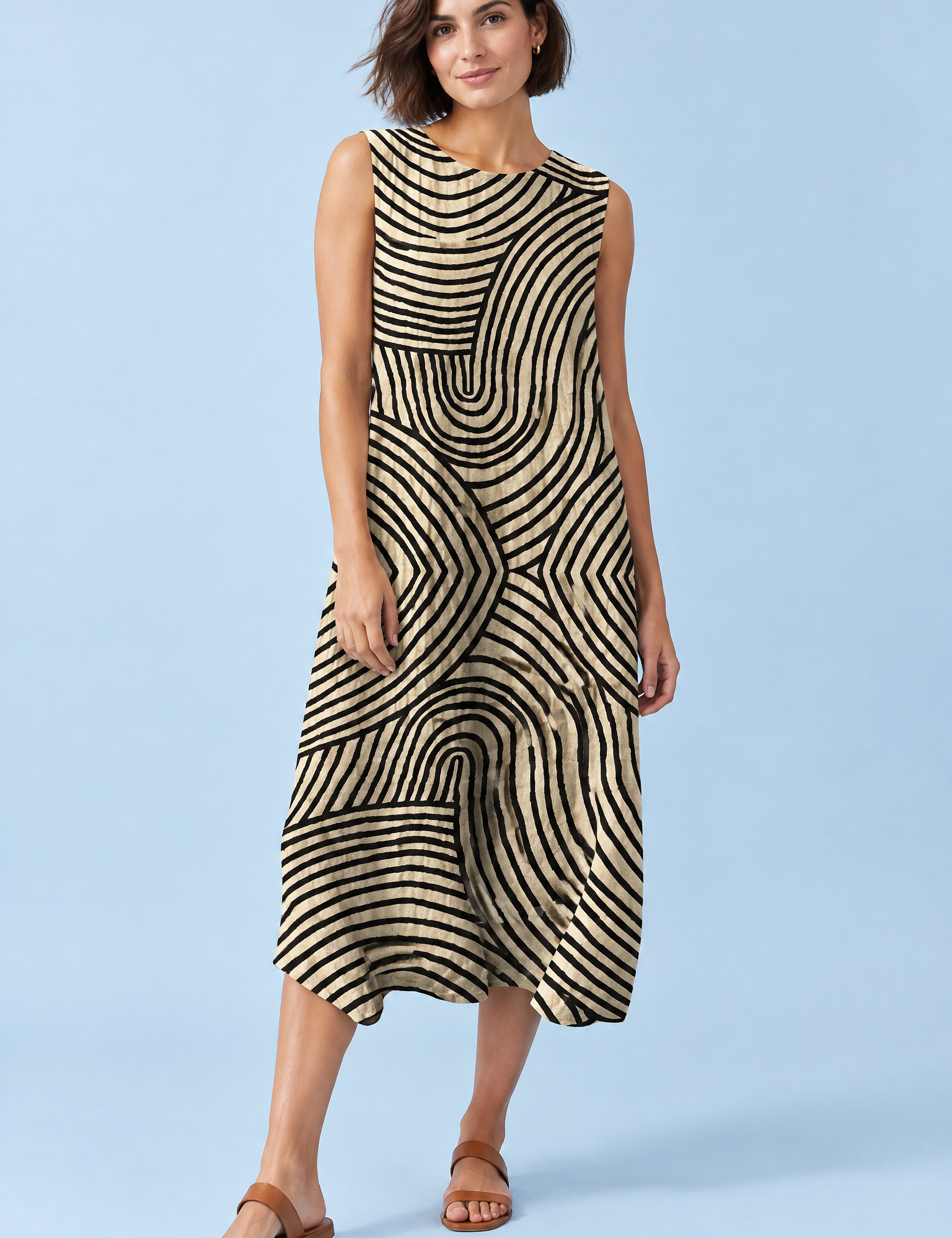 Robe midi écrue rayée sans manches | Vue de face | Lounelle Paris