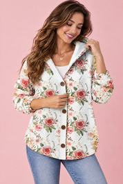 Gilet à capuche écru à fleurs | Vue rapprochée | Lounelle Paris