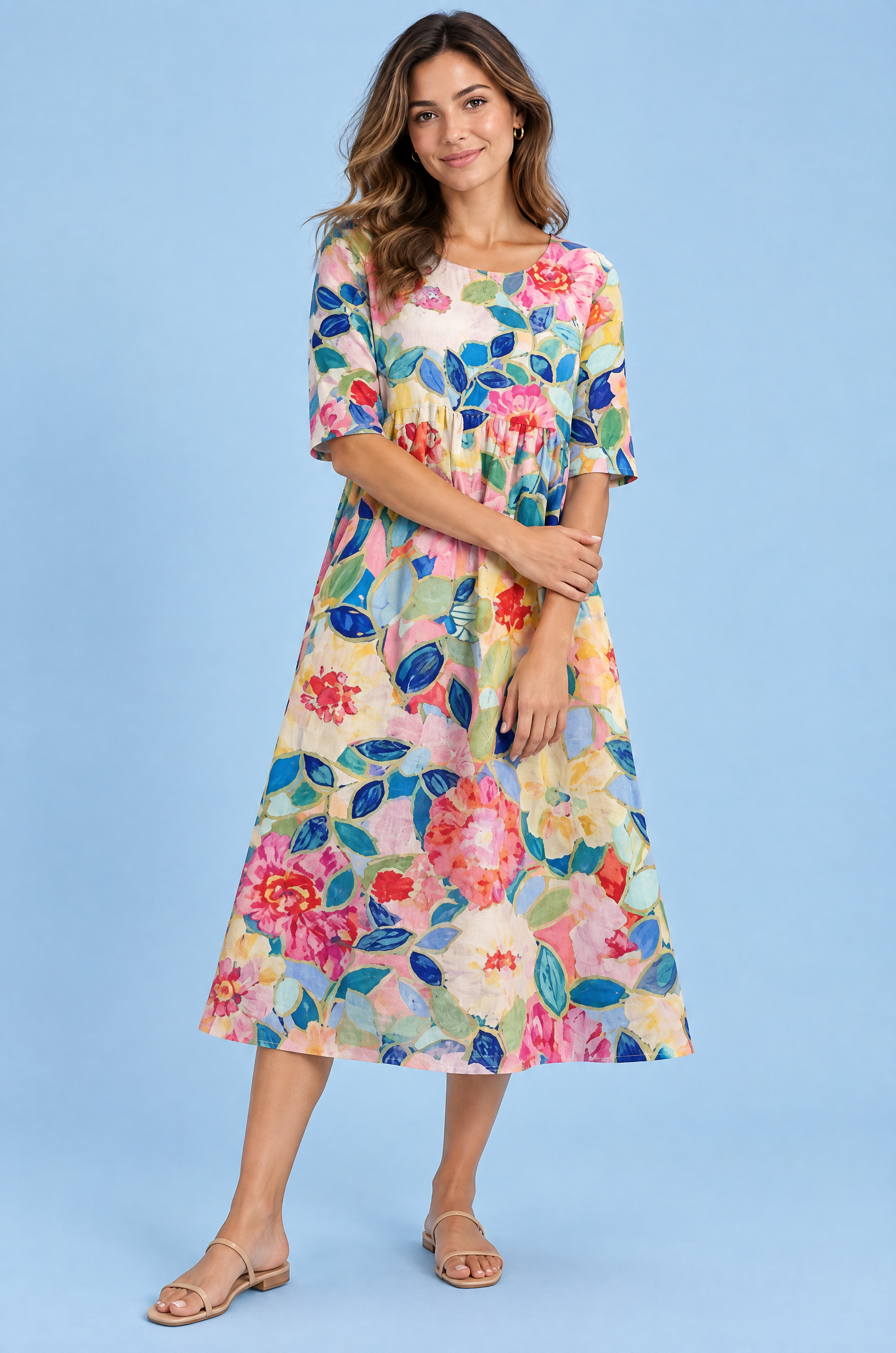 Robe midi trapèze à motif floral blanc cassé | Vue de face | Lounelle Paris