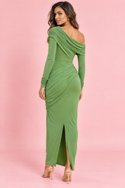 Robe longue verte à encolure asymétrique et détails froncés | Vue de dos | Lounelle Paris