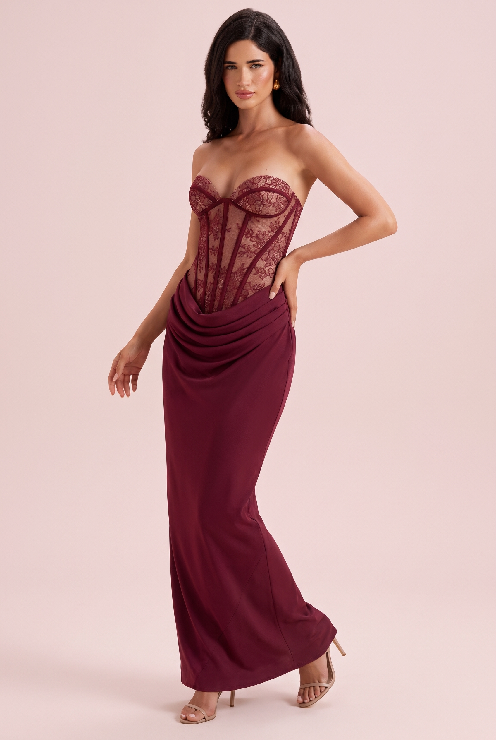 Robe longue bustier à corsage corset bordeaux | Vue de face | Lounelle Paris