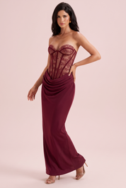 Robe longue bustier à corsage corset bordeaux | Vue de face | Lounelle Paris